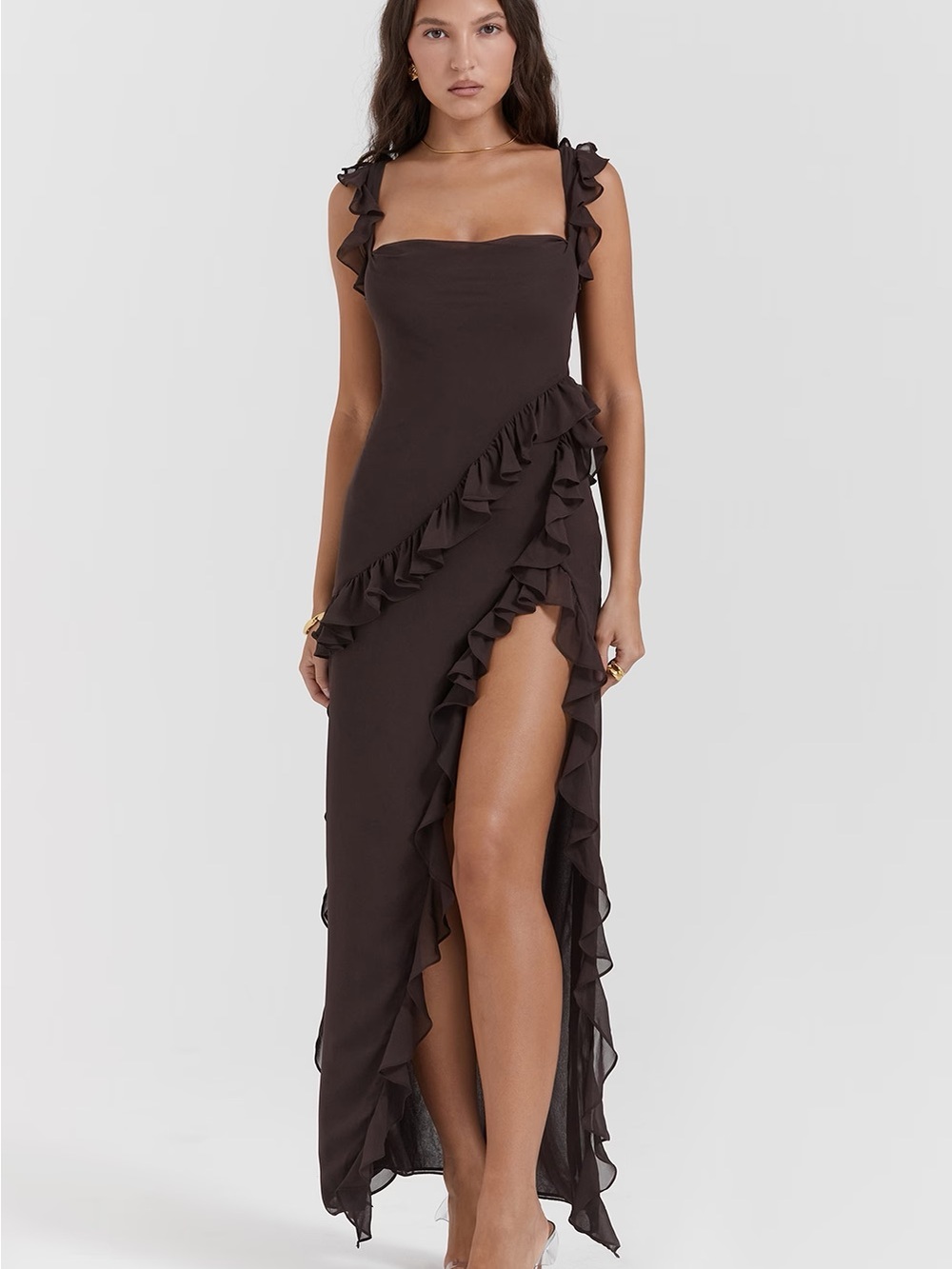 House of CB Chocolate Brown Ruffle High-Slit Maxi Dress